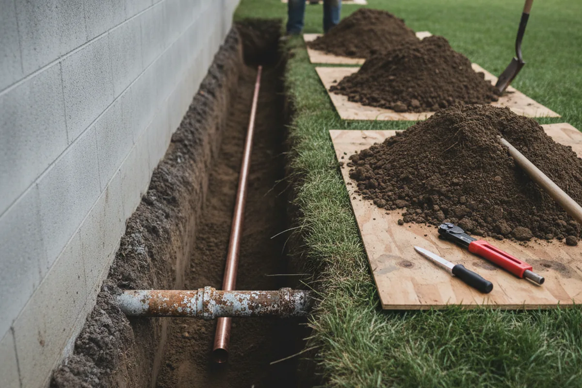 Excavated water line trench during Water Softener Installation in Brenham